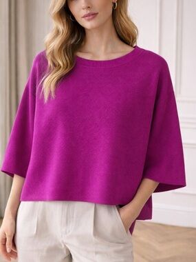 Eileen Fisher Magenta Merino Wool Boxy Sweater Top Oversized Minimalist Knit